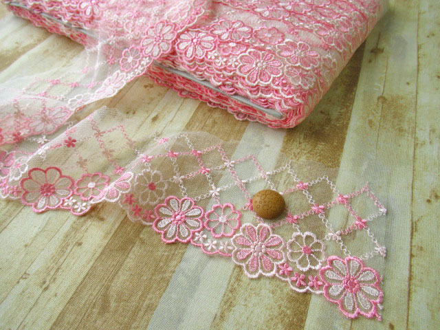 現品処分 縫製工場放出品 約８ｃｍ幅 チュールレース ピンク