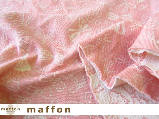 Maffon マフォン 約７５ｃｍ幅 リバーシブルジャガード接結ニット リボンリボン柄 コーラルピンク アイボリー